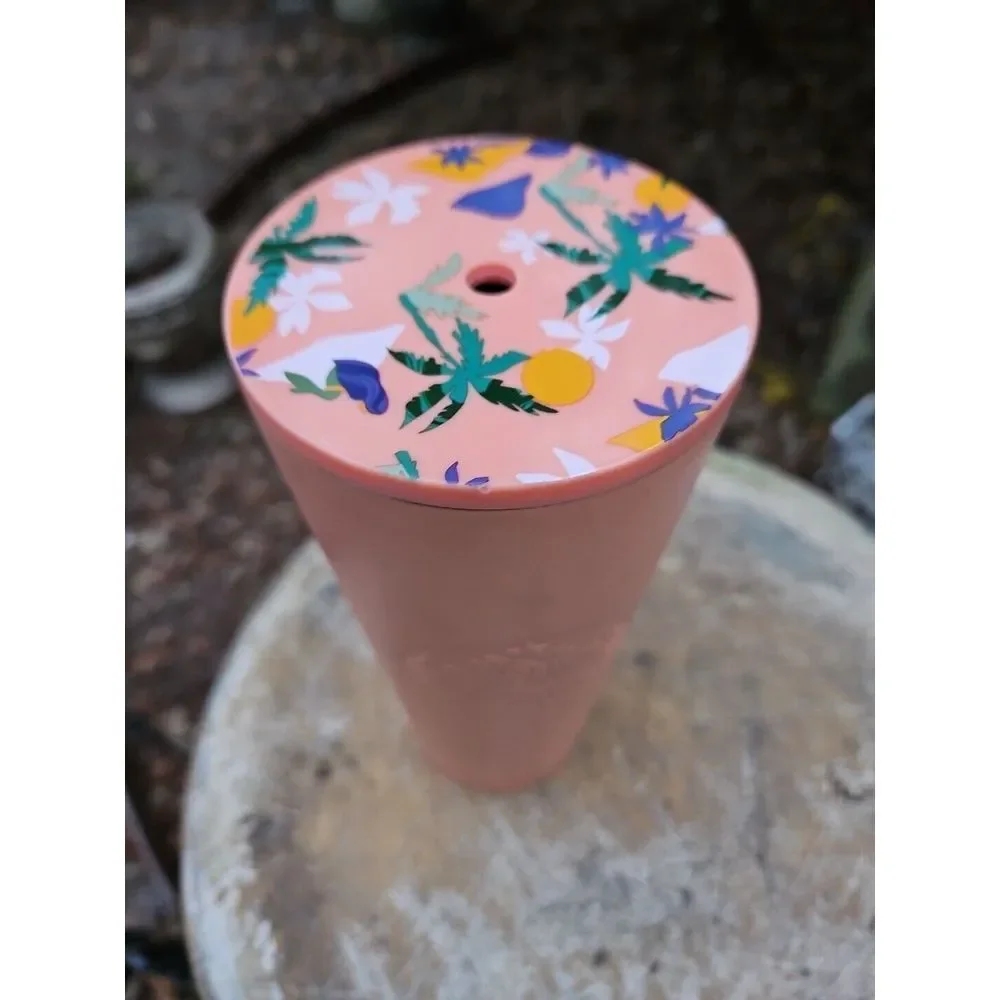 Starbucks Summer Coral Tumbler TROPICAL PALM TREE‎ LID Cold Cup 24oz Venti